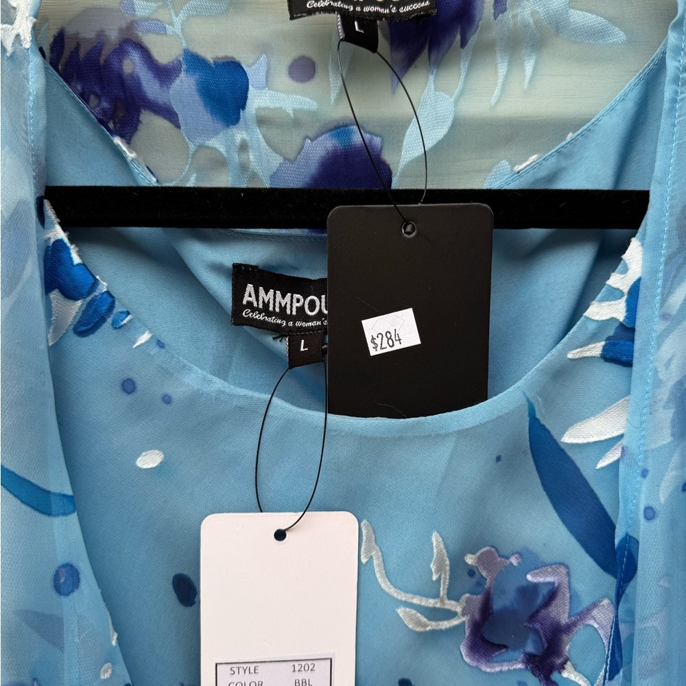 2Piece Set Blue Silk Floral Dress Sheer Overlay Sz Large NWT layered hem - Picture 6 of 16